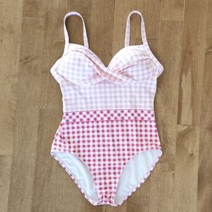 LANDS END DRAPER JAMES PINK GINGHAM ONE PEICE SWIMSUIT SIZE 8